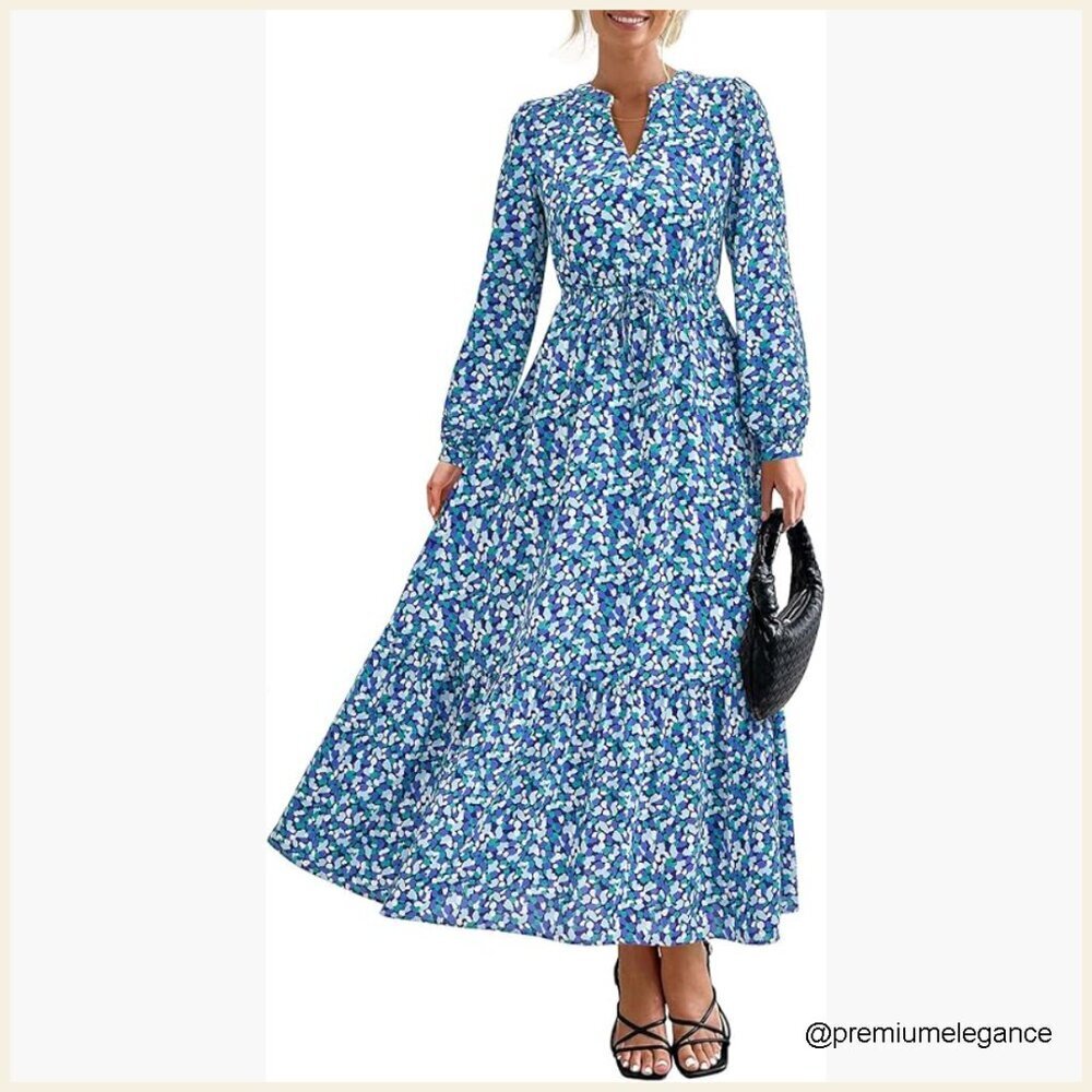 Long Sleeve Maxi Dress with V-Neck, Pockets, Flowy Fit for Casual Wear